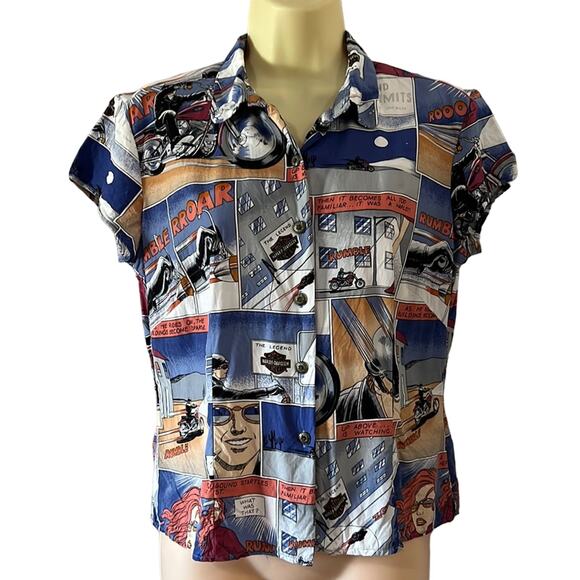 Harley Davidson MotorCycles Comic Print Blouse Size Medium Whimsical - Picture 1 of 9
